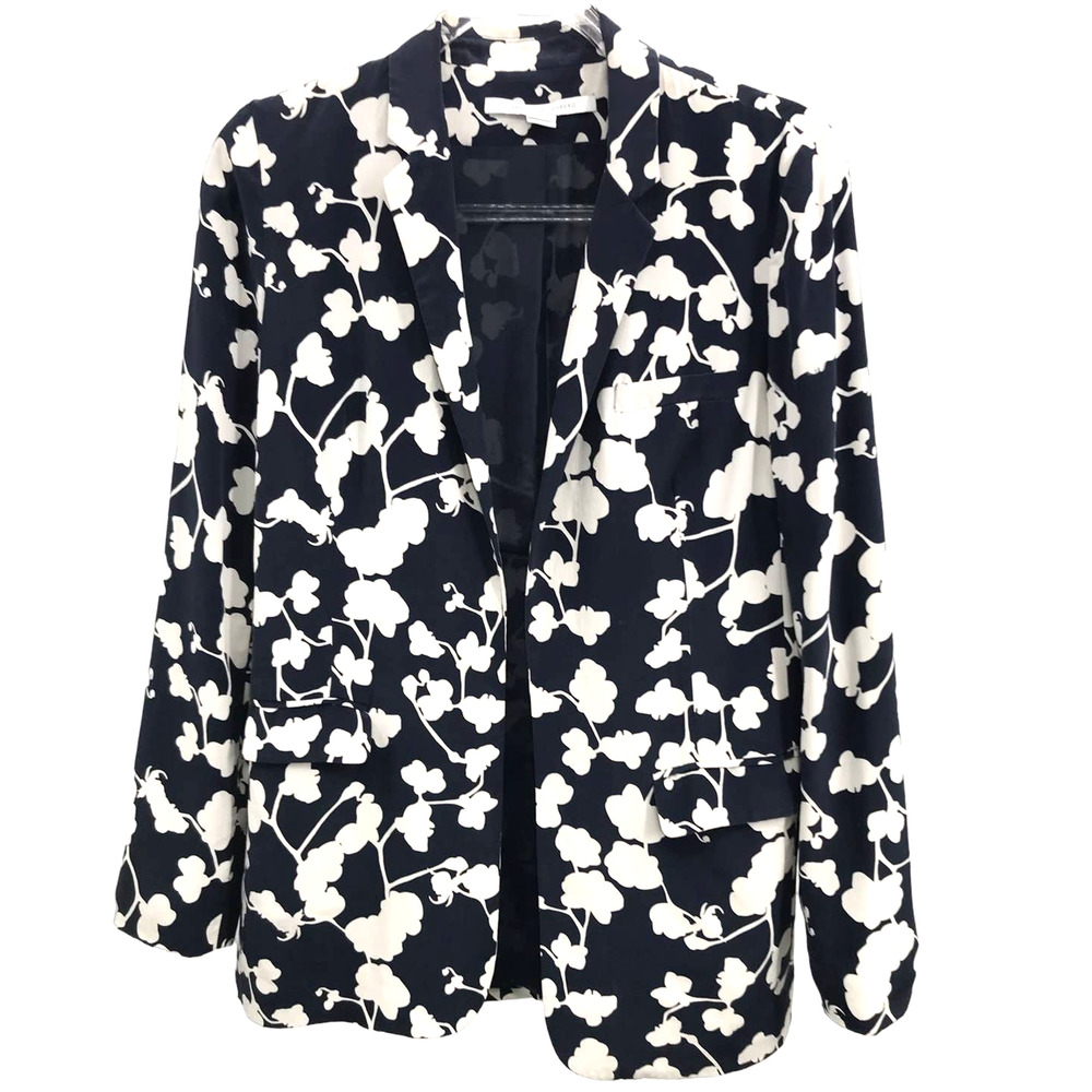 Diane Von Furstenberg Navy Blue White Floral Print Silk Blazer Womens 6